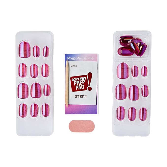 KISS colorFX by imPRESS Press On Nails , ‘Around You’, Solid Pink with Pearlescent Finish, Short Oval, IMPROVED adhesive, Includes 30 Fake Nails, Prep Pad, 1 Manicure Stick, 1 Mini Nail File