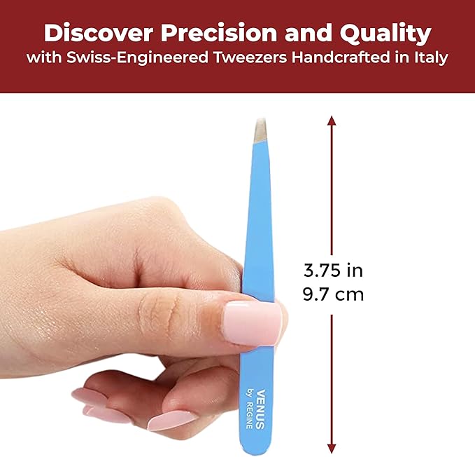 Venus by Regine Slant Tweezers - Handmade Precision Tool for Women & Men, 25-Degree Angle for Shaping Eyebrows & Grooming Facial Contours, Suitable for Eyebrow & Facial Hair Removal (Blue)