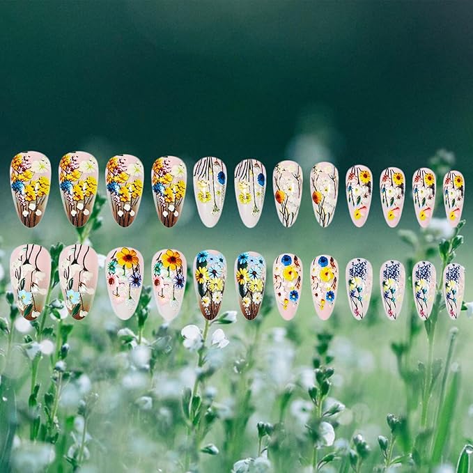 Wild Flower Press on Nails 24Pcs Green Leaves Medium Almond False Nail Summer Flowers Gel Glue on Fingernails Glossy Brown French Stick on Nail Acrylic Full Cover Fake Nails for Holiday Manicure Art