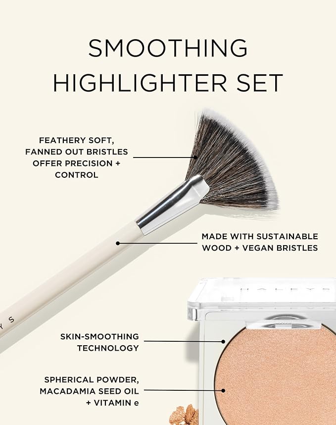 HALEYS Fan Brush VEGAN+CRUELTY-FREE, Sustainable Wood, Vegan Bristles for Airbrushed Finish, For highlighter application, Streak-free, Perfect Blending, Blurs, Smooths with Control