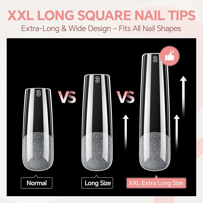 Extra Long Sqaure Nail Tips: 120 Pcs XXL Nail Tips Square Pre-buffed Full Cover Clear Gel Nails Tips for Acrylic Nails Professional, 12 Sizes No C Curve Fake Nails for Nail Extensions Home DIY Salon