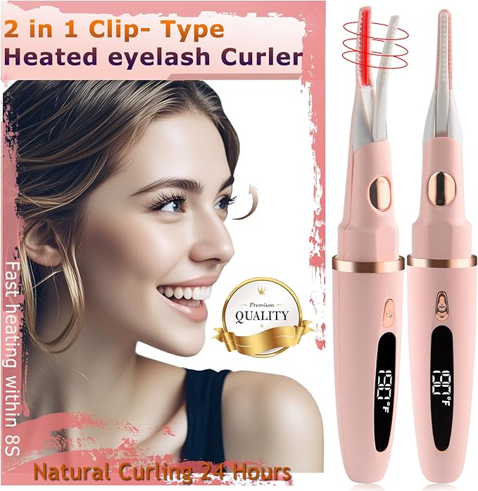 Heated Eyelash Curlers - 2 in 1 Clip- Type Heated lash Curler Best Seller Electric Eyelash Curler LED Display 3 Temp Settings for Makeup Tools USB Rechargeable Natural Curling 24H Long Lasting-Pk C1D