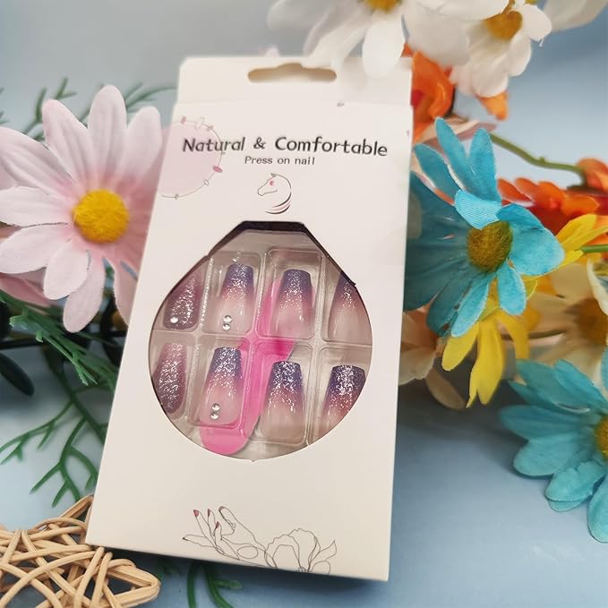 24Pcs Purple Gradient Press on Nails Glossy Silver Glitter Medium Coffin False Nail Ombre Acrylic Full Cover Fake Nails Rhinestones Gel Glue on Fingernail French Stick on Nail for Holiday Manicure Art