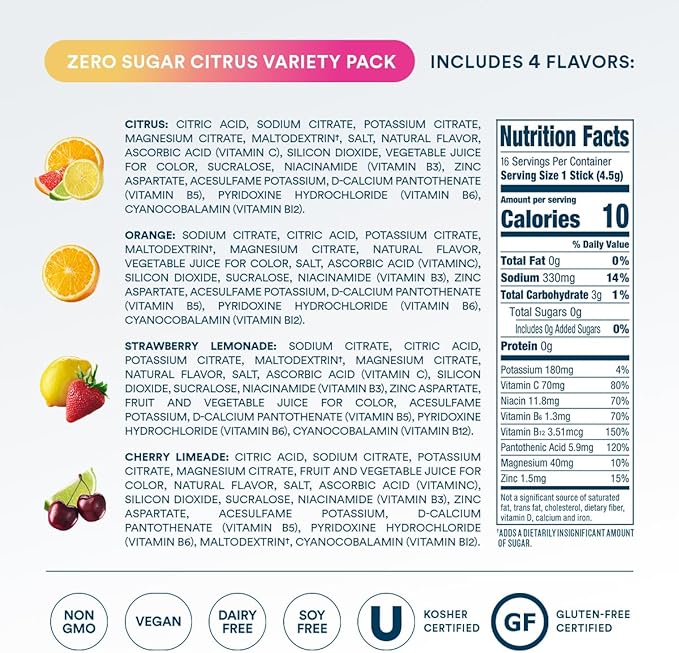 DripDrop Sugar Free Hydration Packets - Zero Citrus Variety Pack - Single Serve Electrolytes Powder Drink Mix - Cherry Limeade, Citrus, Orange, Strawberry Lemonade - Non-GMO, Gluten Free - 16 Sticks