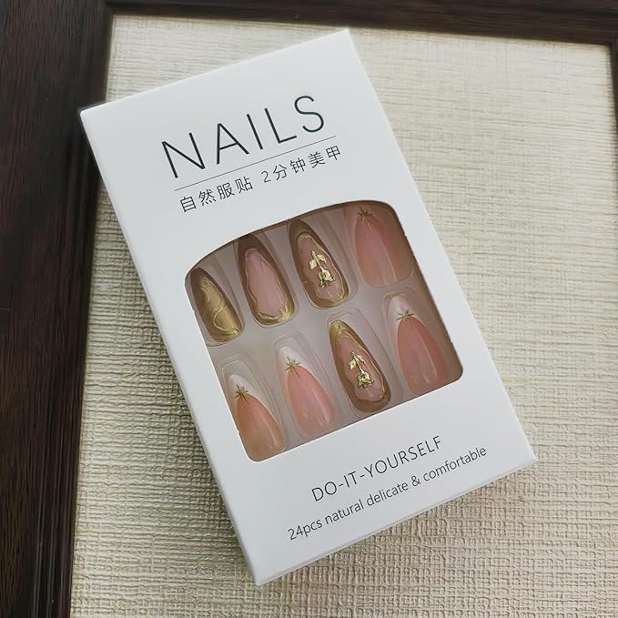 24Pcs French Tip Press on Nails Medium Almond Fake Nails 3D Star Irregular Ripple Gold Rose Nail Design Elegant Sparkly French Glue on Nails Press ons False Nails Reusable Acrylic Nails for Women