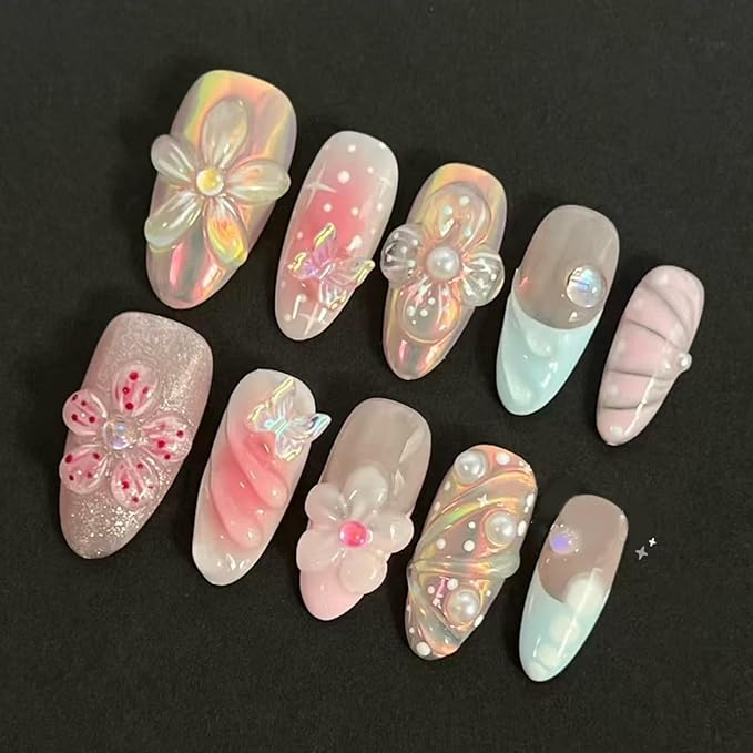 30Pcs 3D Handmade Press on Nails with Charms Medium Almond Fake Nails Cute French Tip Nails Press ons 3D Flower Stick on Nails Almond Shape Acrylic Nails Pink Glossy Glue on Nails for Women Daily Wear