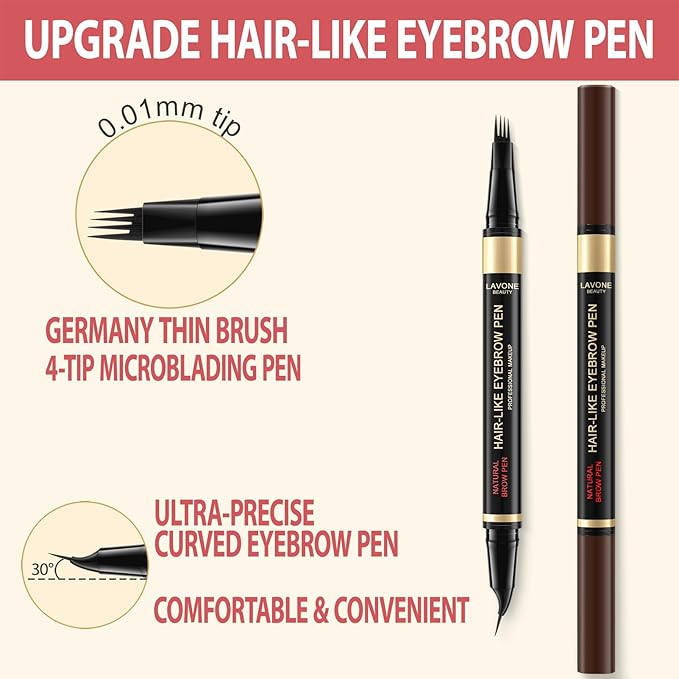 LAVONE Eyebrow Pen, 2-in-1 Eyebrow Pencils for Women with 4 Tip Microblading Eyebrow Pencil and Curved Precise Brow Pencil, Waterproof Eyebrow Pencil Create Full, Natural Hair-Like Brows, Black Brown
