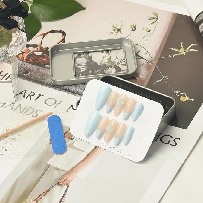 3D Blue Floral Press On Nails Medium Almond- Handmade Nude Base Blue French-Tip Salon Gel Acrylic Nails-Reusable Full Set 10pcs (Crystal Flower, Size S)