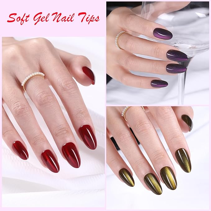 Cat Eye Press on Nails, Jsiallye 300pcs Colored Short Almond Press on Nails for Women, Soft Gel Fake Nails, Glossy Glitter Cat Eye Nail Tips Stick On Nails in 15 Sizes