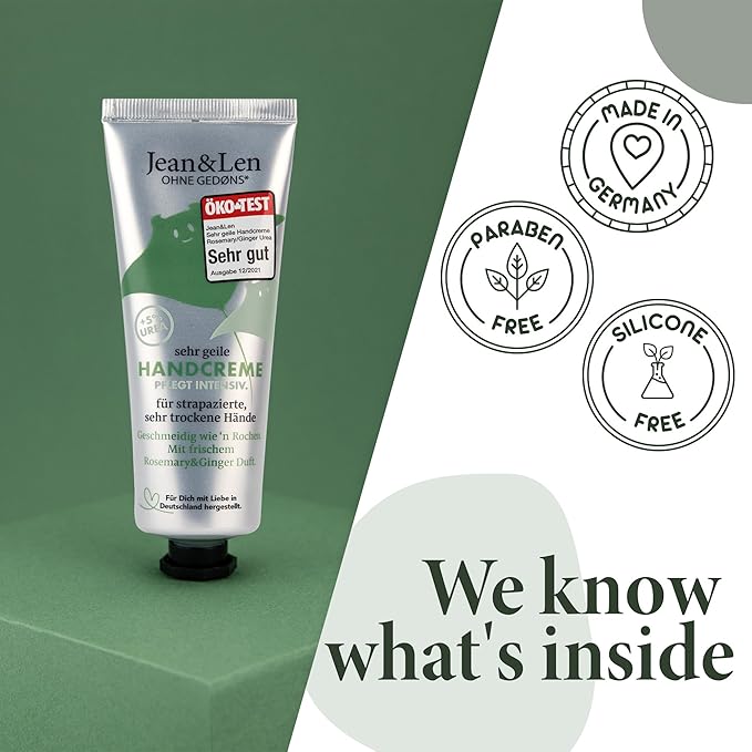 Jean & Len Hand Cream Rosemary & Ginger, with urea, hand care for dry and chapped hands, moisturizes and nourishes intensively, hand cream tube, 2.54 ml