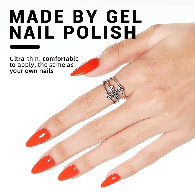 WOOYAS Press on Nails Almond,Bright Orange Medium Stiletto Glossy Handmade Gel False Nails,Reusable Salon Perfect Fake Nail Kit in 12 Sizes - 24 Pcs Soft Gel Glue On Nails Kit for Women