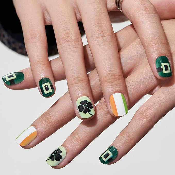 GLAMERMAID Extra Short Press on Nails 24PCS, Green Fall Gel Glue on Nails, Glossy Round Reusable UV Finish Fake Nails Acrylic False Nails Manicure Kits for Women