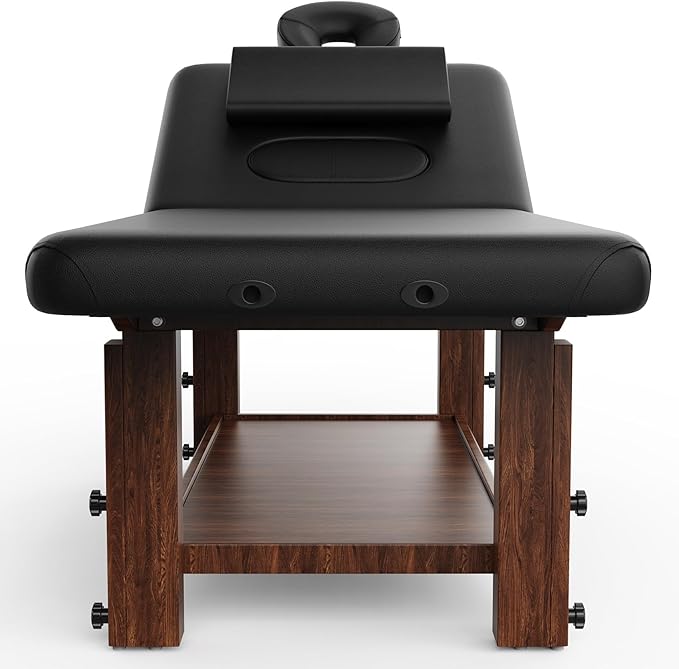 Stationary Massage Table with Adjustable Height Legs and Backrest for Treatment, Physical Therapy, Spa Facial Professional Massage Bed, Black PU Leather - 700LBS Load, Heavy Duty Wood Frame