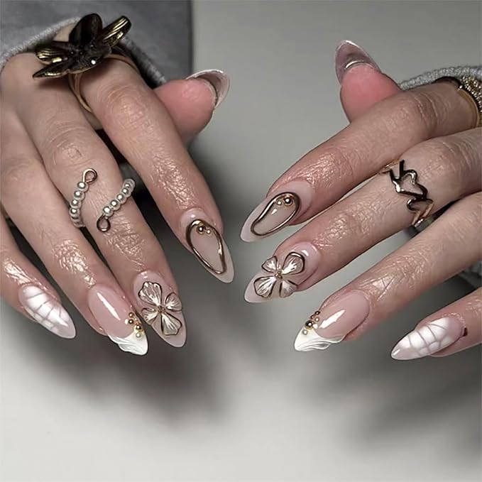 3D Flower Press On Nails Almond Shape – Medium Length Nude Pink Acrylic Fake Nails with Gold Beads & White Tips, 24PCS Glossy Stick On Nails with Tools, Reusable Elegant False Nails for Women