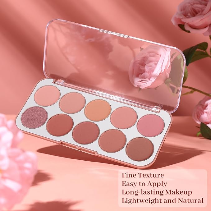 10 Color Blush Palette: Lightweight Face Powder Blush - Smooth Long-lasting Makeup Powder For Cheeks - Buildable Color Women Makeup Blush