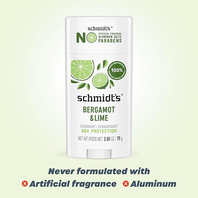 Schmidt's Aluminum-Free Vegan Deodorant Bergamot & Lime 4 Count for Women and Men, with 24 Hour Odor Protection, Natural Ingredients, Cruelty-Free, 2.65 oz