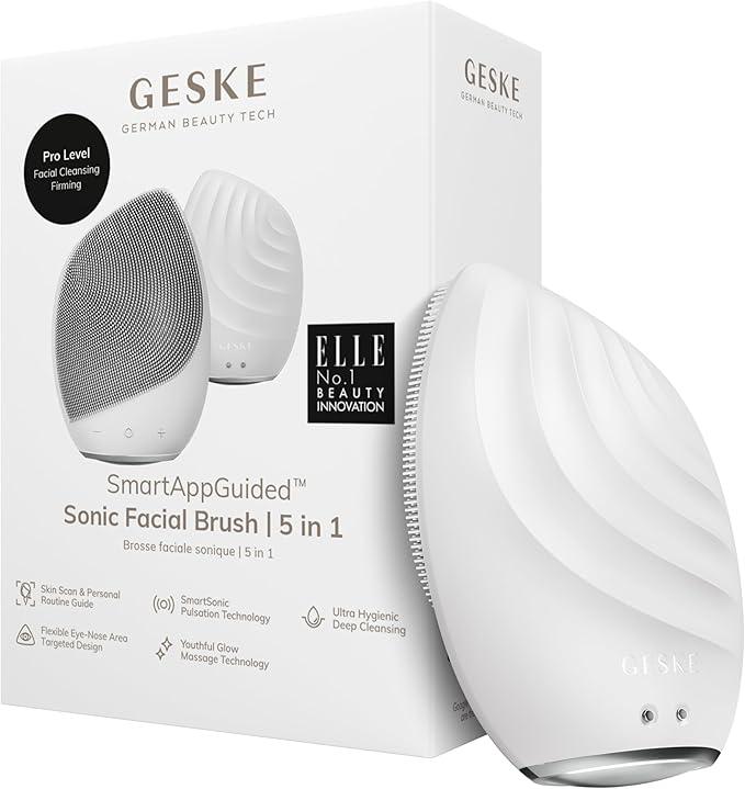 GESKE SmartAppGuided™ Sonic Facial Brush 5 in 1 | Vibrating Electric Facial Cleansing Brush | Soft Silicone Brush | Professional Facial Cleanser | Skin Cleanser & Exfoliator | Face Massager