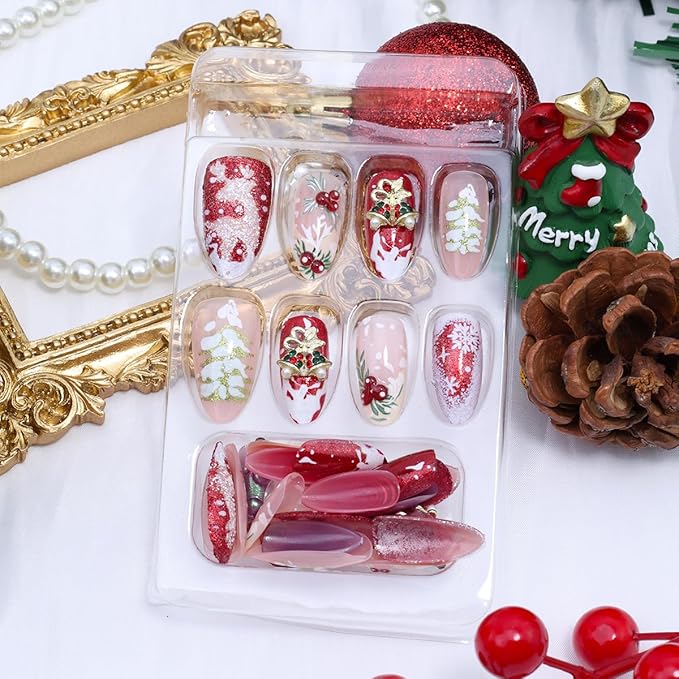 30Pcs Christmas Press on Nails Medium Almond Fake Nails with 3D Gold Bells Rhinestones Designs Holly Leaf French Tip Stick on Nails White Snowflake Reindeer Christmas Tree Winter False Nails for Women