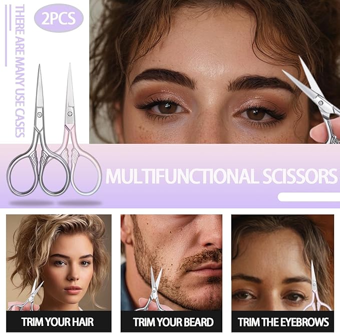 2 Pcs Eyebrow Scissors for Women Men, 3.5 Inch Professional Beauty Mini Scissors, Suitable for Facial Hair, Eyebrows, Beards, Ears, Nose and Beards, Stainless, Steel Straight Head(Pink and Silver)
