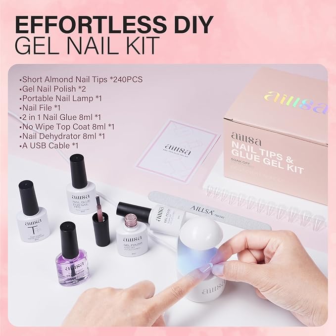 AILLSA Gel Nail Kit Short Almond Nail Tips 240pcs with 2 In 1 Nail Glue Base Coat and Nail Dehydrator, Gel Full Nail Kit with Nail Lamp Top Coat for Starters Home Salon Valentine's Day
