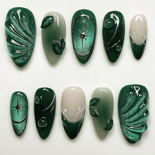 24pcs Green Press on Nails Medium Almond Fake Nails with 3D Leaf Water Drop Designs French Tip False Nails Glitter Glue on Nails Star Acrylic Nails Kit Full Cover Glue On Nails for Women