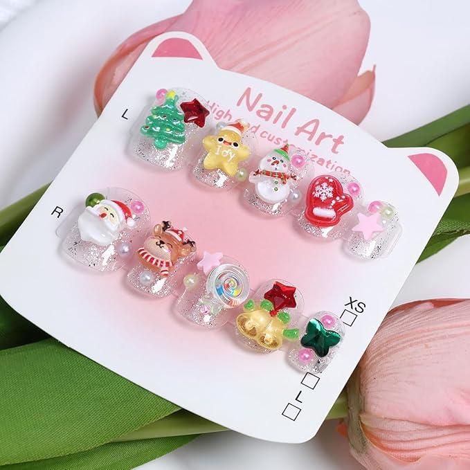 10Pcs Christmas Press on Nails Petite Square Fake Nails Santa Claus Elk Christmas Tree Bells Rhinestones Full Cover Glitter Stick on Nails Cute Winter False Nails Xmas Glue on Nail for Acrylic DIY
