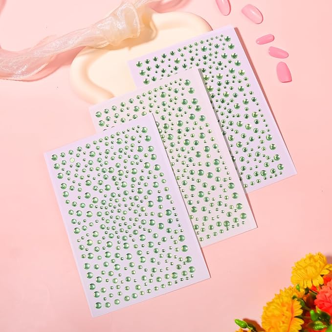 975Pcs Face Gems Hair Gems, Self-Adhesive Face Jewels Eye Jewels Rhinestones 3/4/5/6 mm DIY Face Gems Stick on, Hair Body Rhinestones Gems Crystals Pearls for Face Makeup, Crafts (gem_LightGreen)