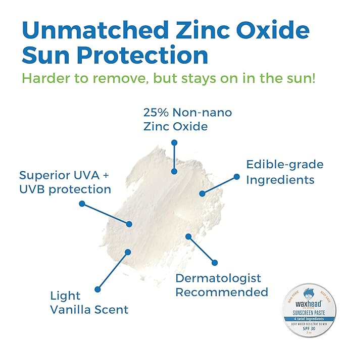 Waxhead Zinc Oxide Sunscreen Face & Nose - Sensitive Skin Safe SPF 30, Reef Safe Physical Visible Protection for Acne Prone Skin, Waterproof Natural Mineral Sunscreen for Kids & Adults (White 2oz)