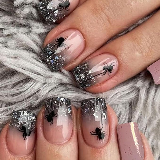 24Pcs Halloween Press on Nails Short Square Spider Web Fake Nails Black Spider with Glitter Tips Full Cover Glue on Nail French Tip False Nails Cute Halloween Stick on Nail for Girls Acrylic Nails