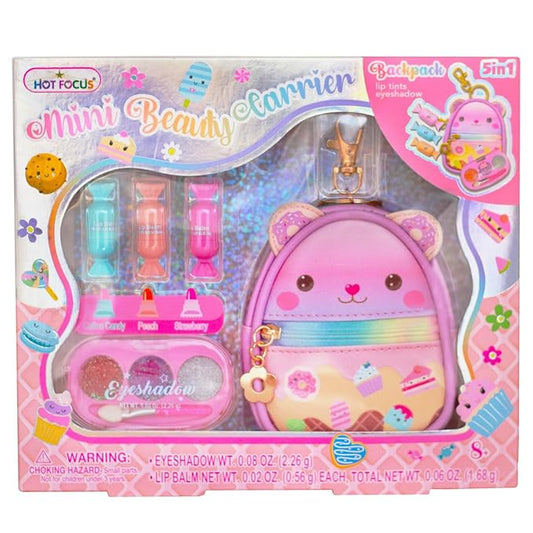 Hot Focus | Bag Makeup Set for Kids, Includes Makeup Kit with Keychain Backpack, 3 Tinted Lip Balms, Eyeshadow with Applicator, and Vinyl Stickers | Suitable for Ages 3+ (Candy)