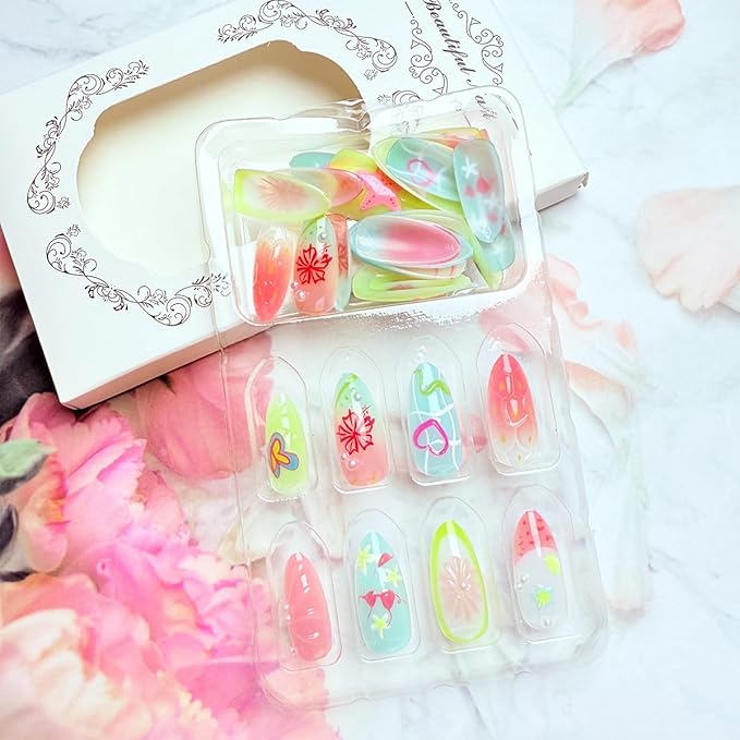 Summer Press on Nails Medium Almond Fake Nails Ocean Beach Nails Design 3D Colorful Flower False Nails Pearl Starfish Butterfly Artificial Acrylic Nails Glossy Full Cover Glue on Nails for Women 30Pcs