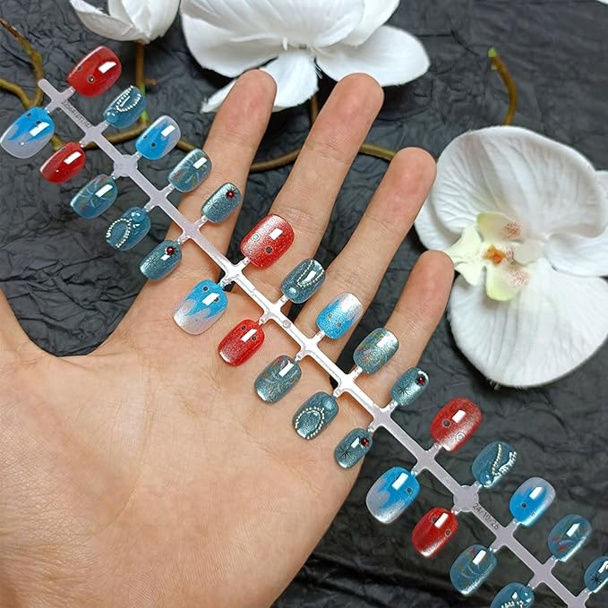 24Pcs Cute Cartoon Press on Nails Fire Work Stick on Fingernails Glossy Blue Cat Eye Acrylic Fake Nail Gold Stars Short Square False Nails Rhinestones Gel Glue on Nail for Coquette Women Girls
