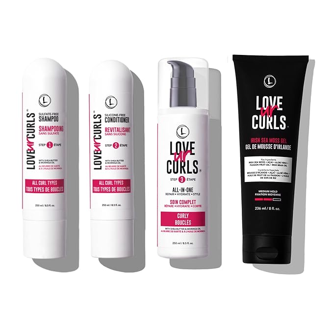 Love Ur Curls - Shampoo, Conditioner, Curly All In One Styler to repair, define and hydrate hair and Irish Sea Moss Gel for touchable hold