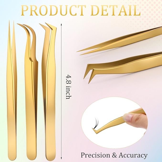 Mudder High Precision Lash Tweezers Set 6 Pack Stainless Steel Eyelash Extension Tweezers for Classic, Volume, Mega Volume Lashes, Facial Hair, Eyebrow, Hair Removal, Crafting Making (Gold)