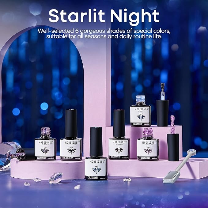 modelones Glitter Gel Nail Polish Set 6 Colors, Blue Color Changing Red Cat Eye Magnetic Gel Polish Chameleon Reflective Temperature Black Pink Nail Polish Soak Off LED Nail Art Manicure Kit Gift