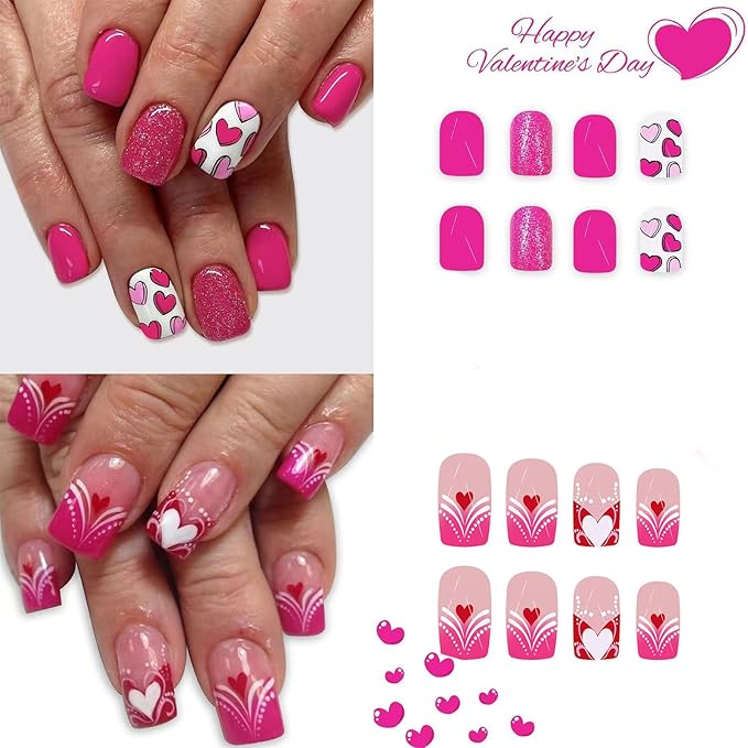 2 Packs 48Pcs Valentine's Day Press on Nails Short Square Fake Nails Heart Acrylic Nails French Tip False Nails Glossy Cute Glue on Nails Kid Heart Love Stick on Nails for Women Girls Nails Decoration