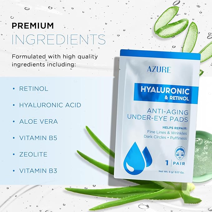 Azure Cosmetics Hyaluronic & Retinol Anti Aging Under Eye Pads- Moisturizing & Rejuvenating Eye Mask Patches - Reduces Fine Lines, Wrinkles, Dark Circles & Puffiness - Made in Korea - 5 Pairs