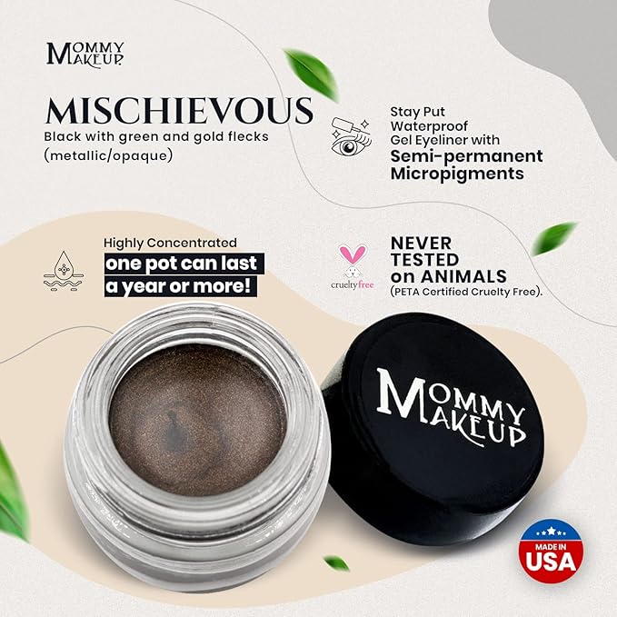 Mommy Makeup Waterproof Stay Put Gel Eyeliner Pot with Micropigments - Smudge-Proof, Long Lasting, Highly Pigmented Cream Eye Liner, 0.14 oz (Mischievous)
