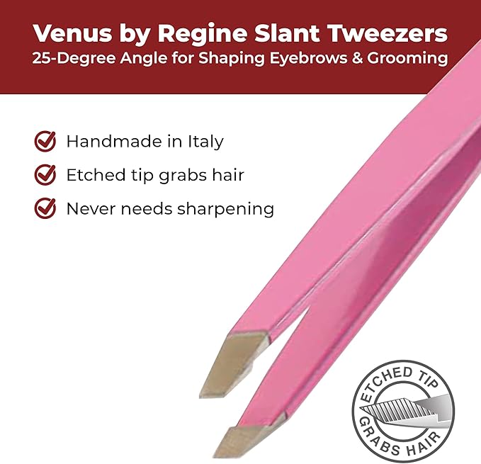 Venus by Regine Slant Tweezers - Handmade Precision Tool for Women & Men, 25-Degree Angle for Shaping Eyebrows & Grooming Facial Contours, Suitable for Eyebrow & Facial Hair Removal (Pink)