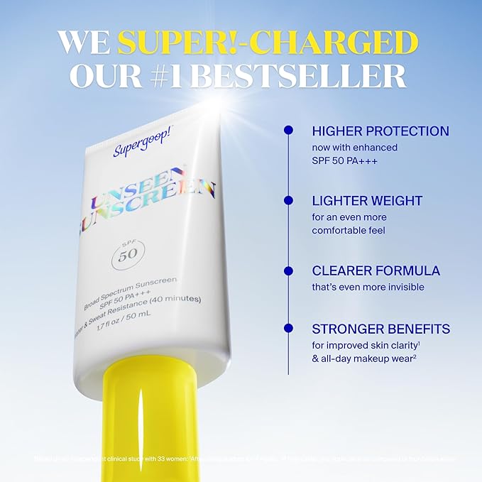 Supergoop! Unseen Sunscreen - SPF 50 - Clear & Invisible Face Sunscreen + Broad Spectrum + Makeup-Gripping Primer - Weightless, Scentless, Oil Free - For All Skin Types & Tones - 0.68 fl oz