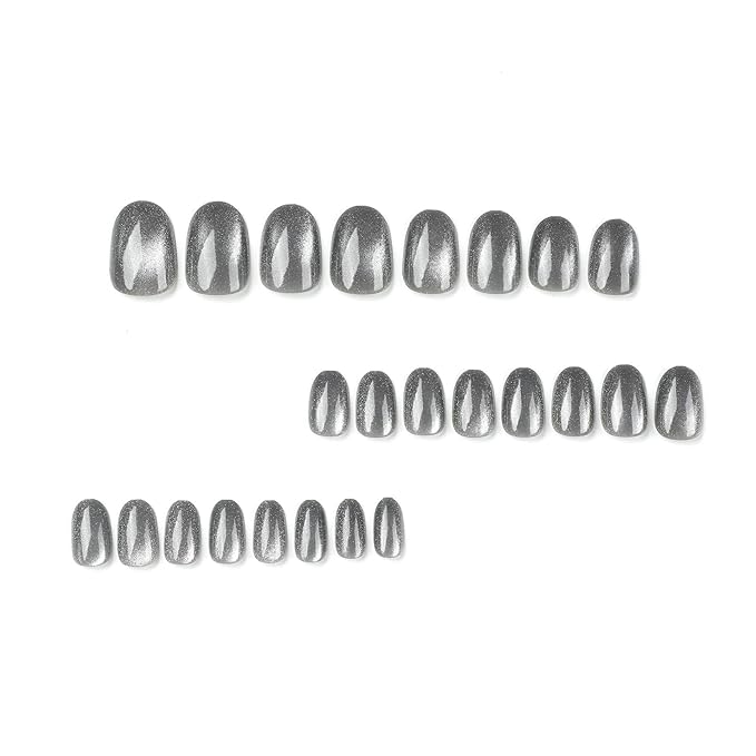 Metallic Silver Press-On Nails – 24 Oval Cat Eye Nails, 12 Sizes, Shiny Chrome Effect, Long-Lasting & Easy DIY Manicure Kit