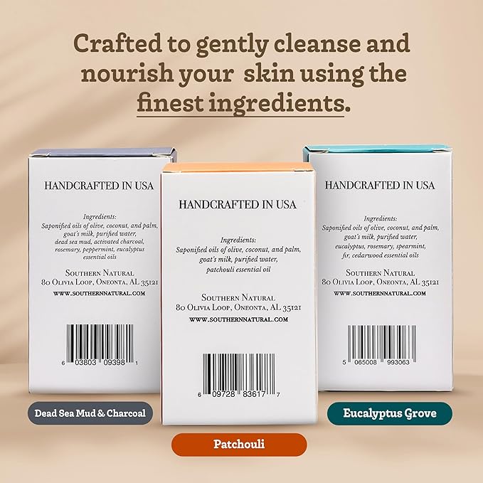 Southern Natural Goat Milk Soap Bar (Variety 3 Pack) Dead Sea Mud & Charcoal, Patchouli, Eucalyptus Grove - For Dry Sensitive Skin. Great For Face and Body.(Each Bar 4-4.5 oz)