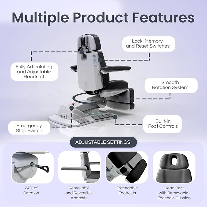 Massage Tools - Professional Spa and Facial Chair with 240° Rotation, LED Lighting, Memory Settings, and Adjustable Headrest - Premium Service Bed and Spa Chair for Salon and Facials - Grey