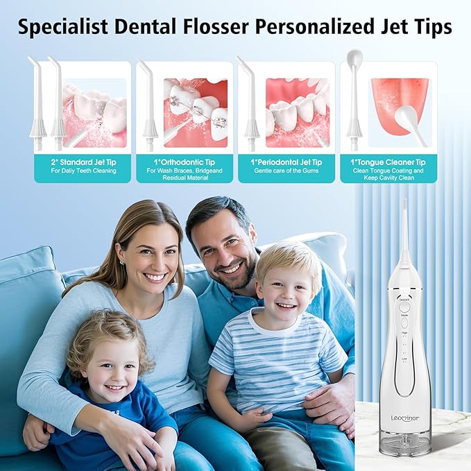 Leominor Water Dental Flosser Pick for Teeth, 300ML Portable Oral Irrigator Upgraded Tank Removable,IPX7 Waterproof, Rechargeable Travel Teeth Cleaner, Professional Electric Flossing (White)