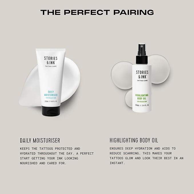 Stories & Ink Tattoo Care | HIGHLIGHTING BODY OIL for healed skin - Refreshes Faded Tattoos for Instant Tattoo Glow, 100 mL / 3.4 Fl Oz