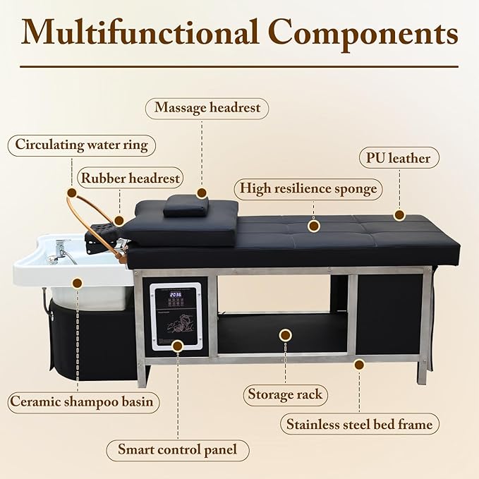 Stationary Head Spa Bed, Massage Shampoo Bed with Steaming & Water Circulation, Steel Headspa Equipment, Professional Massage Table for Beauty Salon Barber,Stainless Steel