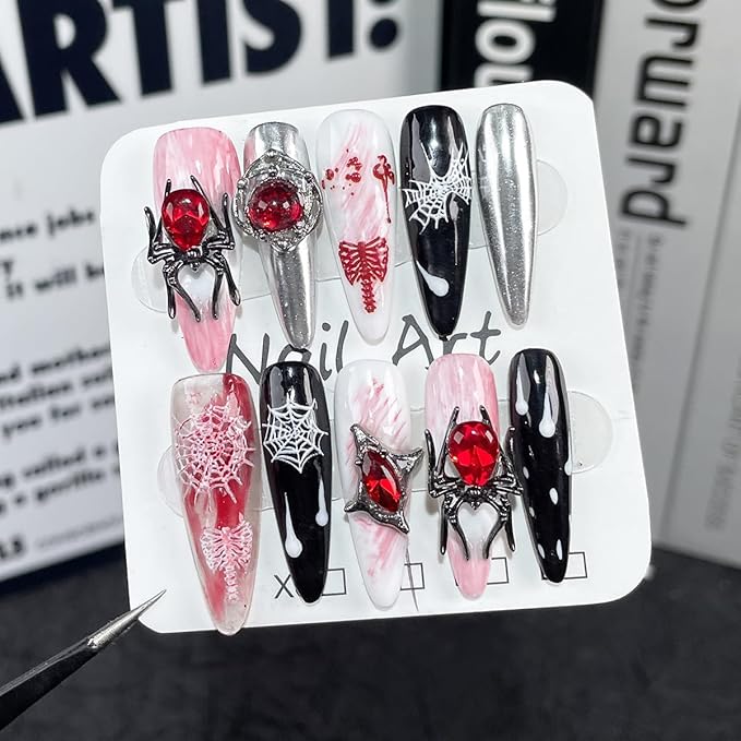 10Pcs Halloween Handmade Press on Nails Long Almond Goth Fake Nails 3D Spider Rhinestones with Spider Web Designs Black Red Press Ons Glue on Nails Horror False Nails for Women Acrylic Manicure Tips