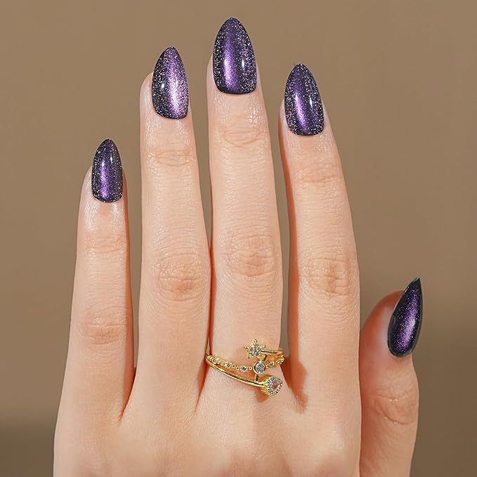 Cat Eye Press on Nails Short, Jofay Fashion Stylish Purple Press on Nails Almond, Soft Gel Fake Nails, Reusable & Natural Acrylic False Nails, Glue on Nails Kit for Women Gift 32 Pcs