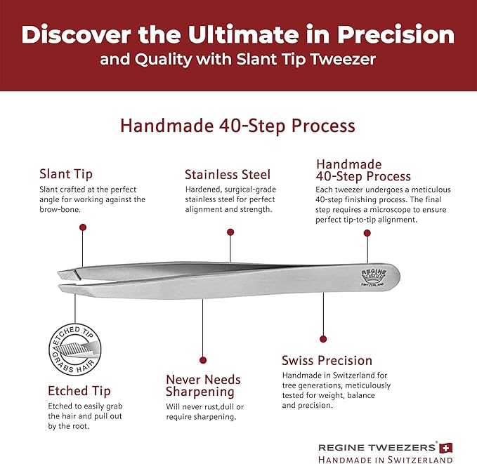 Professional Tweezers Slant Tip - Etched Tip Brow and Eyebrow Tool for Men and Women - Precision Tweezers for Fine Hair, Chin, Lash Extensions - Stainless Steel Handmade Beauty Tool