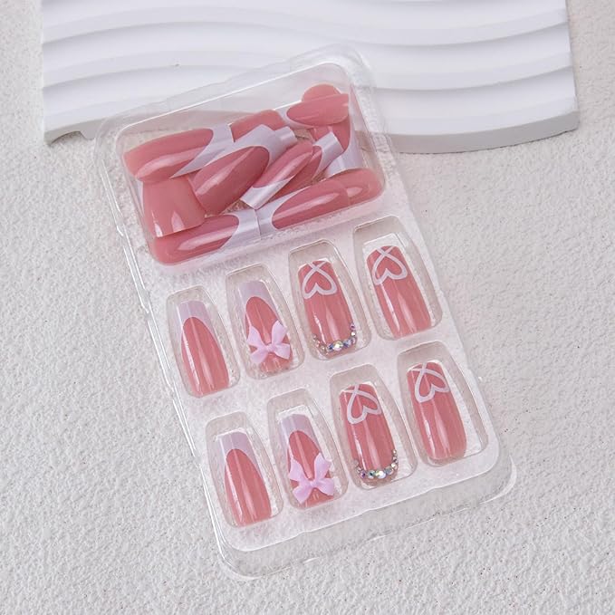 French Tip Press on Nails Medium Square Fake Nails White Heart Acrylic Nails Pink Bow Charms False Nails with Rhinestone Glue on Nails Glossy Artificial Stick on Nails for Women Girls Manicure 24Pcs